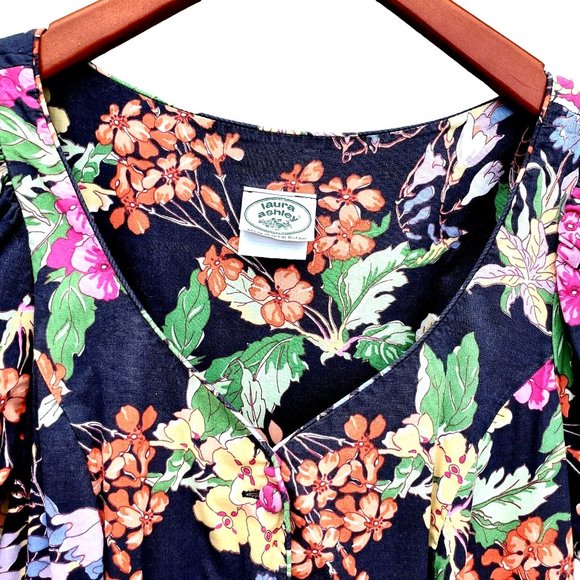 Vintage Laura Ashley Dress M Midi 80s 90s Black Cotton Big Print Floral - Picture 7 of 10